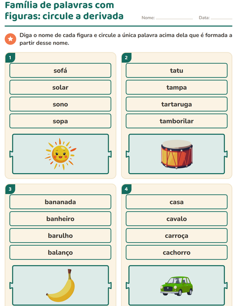 Pré-visualização da ficha de Família de palavras para 1º ano do ensino fundamental