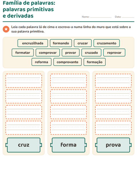 Pré-visualização da ficha de Família de palavras para 2º ano do ensino fundamental
