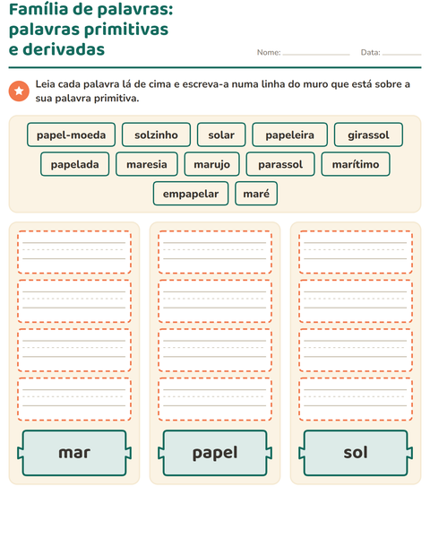 Pré-visualização da ficha de Família de palavras para 2º ano do ensino fundamental