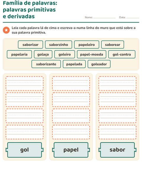 Pré-visualização da ficha de Família de palavras para 2º ano do ensino fundamental