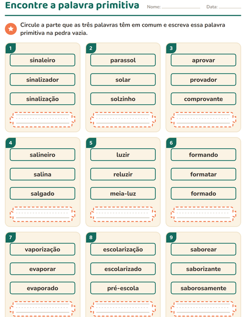 Pré-visualização da ficha de Família de palavras para 2º ano do ensino fundamental