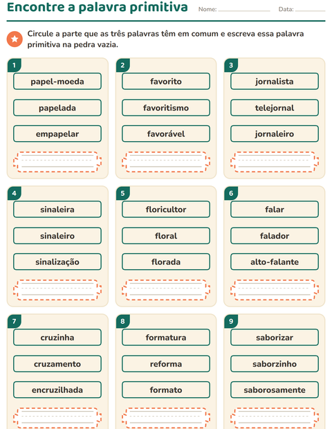 Pré-visualização da ficha de Família de palavras para 2º ano do ensino fundamental