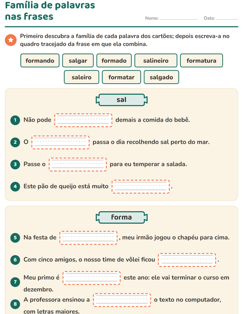 Pré-visualização da ficha de Família de palavras para 3º ano do ensino fundamental