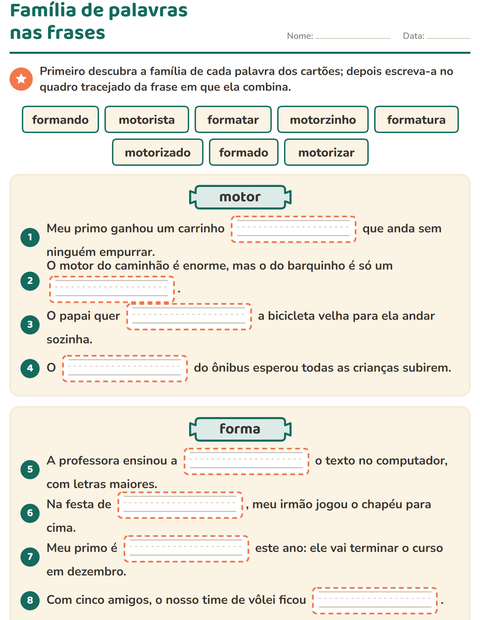 Pré-visualização da ficha de Família de palavras para 3º ano do ensino fundamental