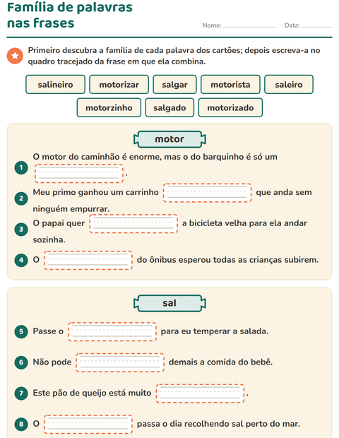 Pré-visualização da ficha de Família de palavras para 3º ano do ensino fundamental