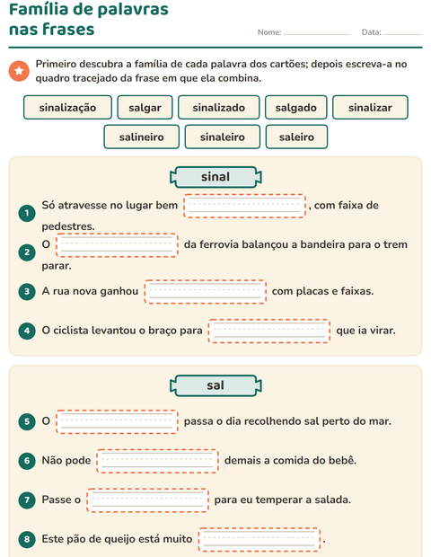 Pré-visualização da ficha de Família de palavras para 3º ano do ensino fundamental