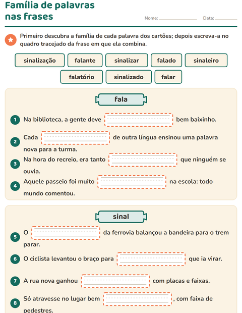 Pré-visualização da ficha de Família de palavras para 3º ano do ensino fundamental