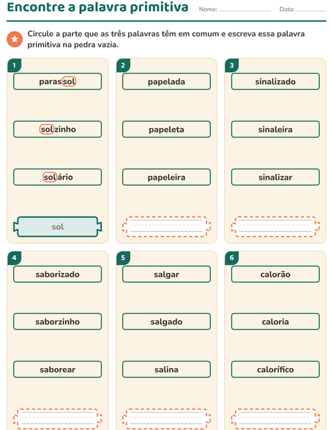 Pré-visualização da ficha de Família de palavras para 2º ano do ensino fundamental