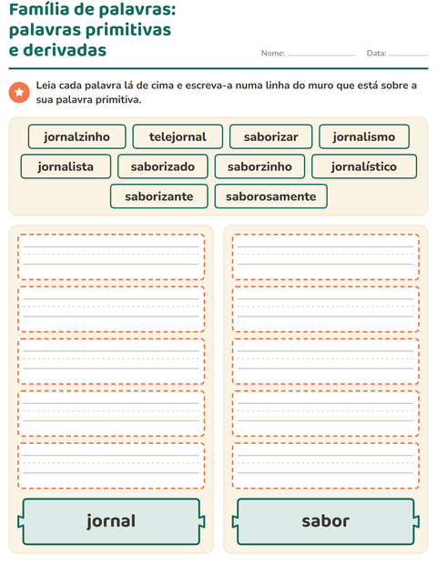 Pré-visualização da ficha de Família de palavras para 2º ano do ensino fundamental
