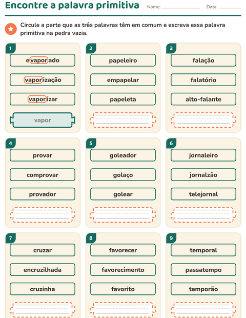 Pré-visualização da ficha de Família de palavras para 2º ano do ensino fundamental