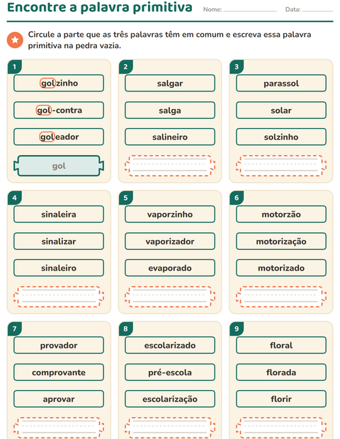 Pré-visualização da ficha de Família de palavras para 2º ano do ensino fundamental