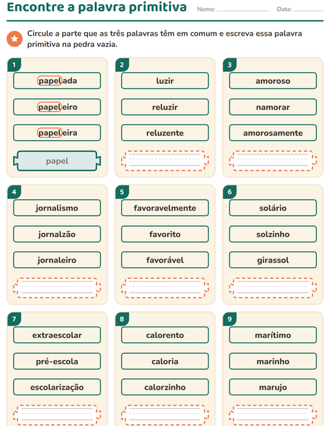 Pré-visualização da ficha de Família de palavras para 2º ano do ensino fundamental