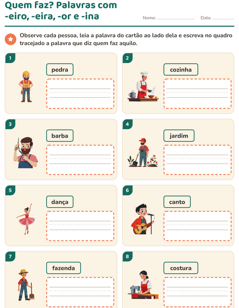 Sufixos de profissões: palavras com -eiro, -eira, -or e -ina