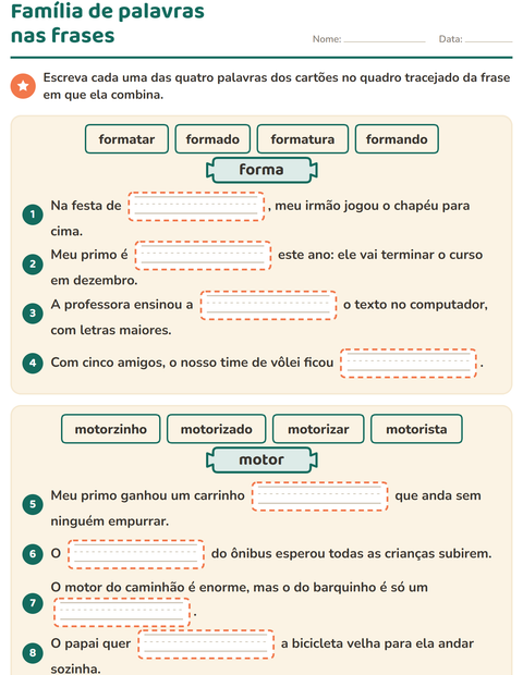 Pré-visualização da ficha de Família de palavras para 3º ano do ensino fundamental