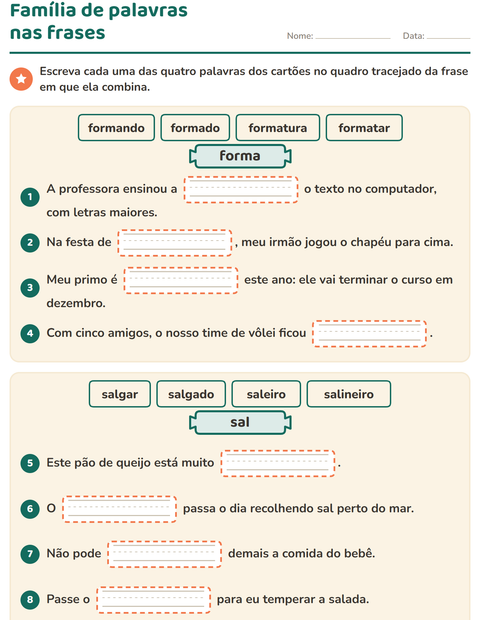 Pré-visualização da ficha de Família de palavras para 3º ano do ensino fundamental