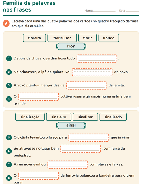 Pré-visualização da ficha de Família de palavras para 3º ano do ensino fundamental