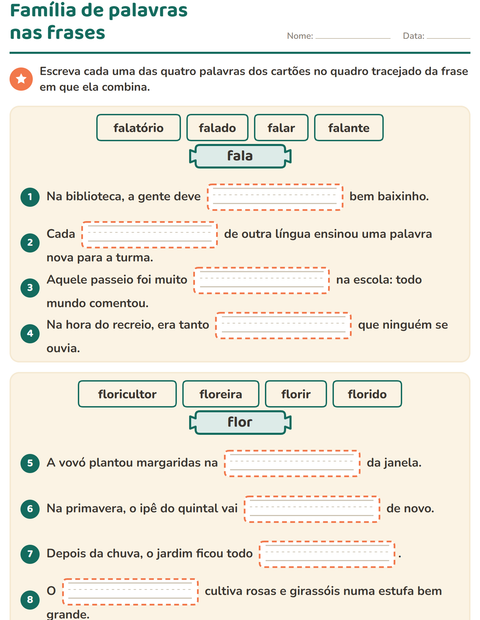 Pré-visualização da ficha de Família de palavras para 3º ano do ensino fundamental