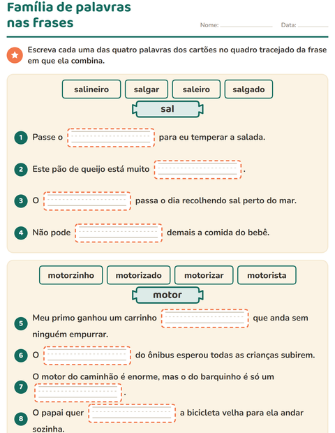 Prévia: Família de palavras nas frases: sal e motor