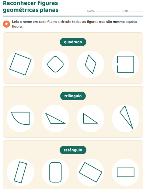 Pré-visualização da ficha de Figuras geométricas planas para 1º ano do ensino fundamental