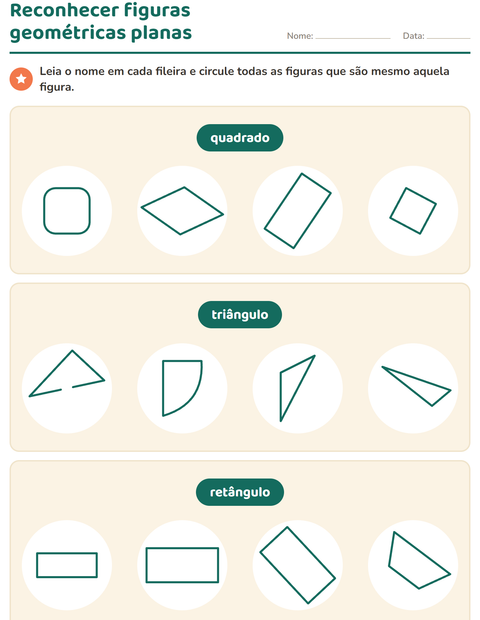 Pré-visualização da ficha de Figuras geométricas planas para 1º ano do ensino fundamental