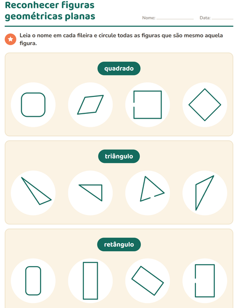 Pré-visualização da ficha de Figuras geométricas planas para 1º ano do ensino fundamental