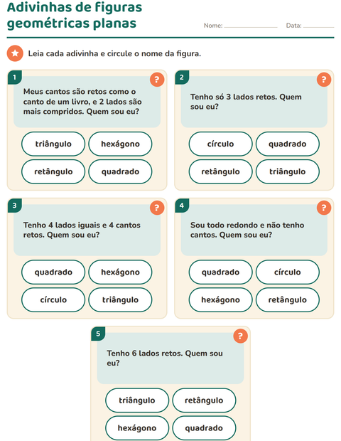 Pré-visualização da ficha de Figuras geométricas planas para 1º ano do ensino fundamental