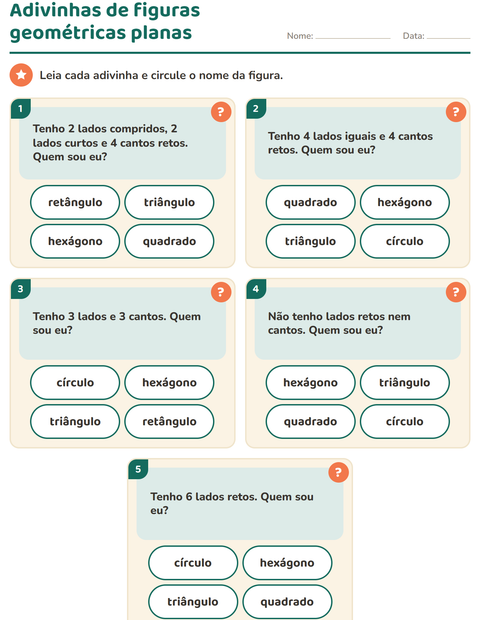 Pré-visualização da ficha de Figuras geométricas planas para 1º ano do ensino fundamental