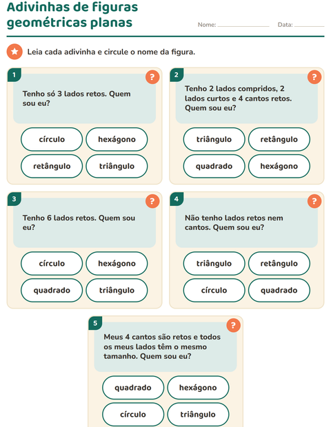 Pré-visualização da ficha de Figuras geométricas planas para 1º ano do ensino fundamental