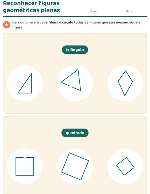 Pré-visualização da ficha de Figuras geométricas planas para 1º ano do ensino fundamental