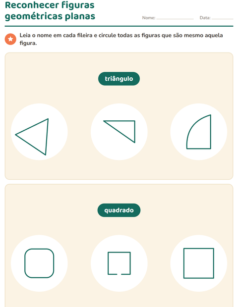 Pré-visualização da ficha de Figuras geométricas planas para 1º ano do ensino fundamental