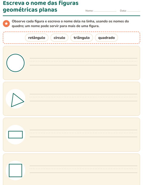 Pré-visualização da ficha de Figuras geométricas planas para 1º ano do ensino fundamental
