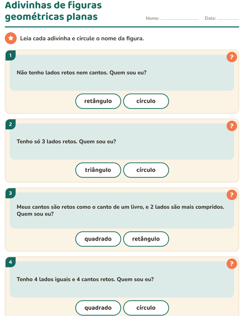 Pré-visualização da ficha de Figuras geométricas planas para 1º ano do ensino fundamental