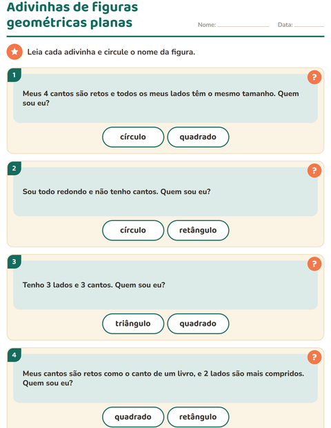 Pré-visualização da ficha de Figuras geométricas planas para 1º ano do ensino fundamental
