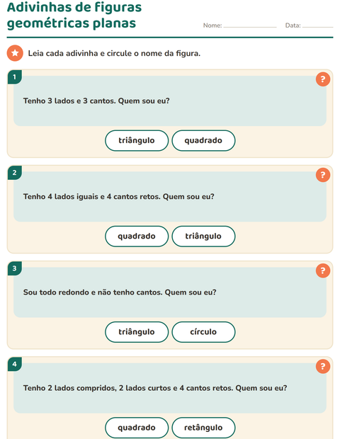 Pré-visualização da ficha de Figuras geométricas planas para 1º ano do ensino fundamental