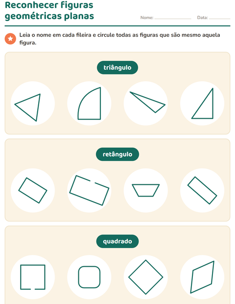 Pré-visualização da ficha de Figuras geométricas planas para 1º ano do ensino fundamental