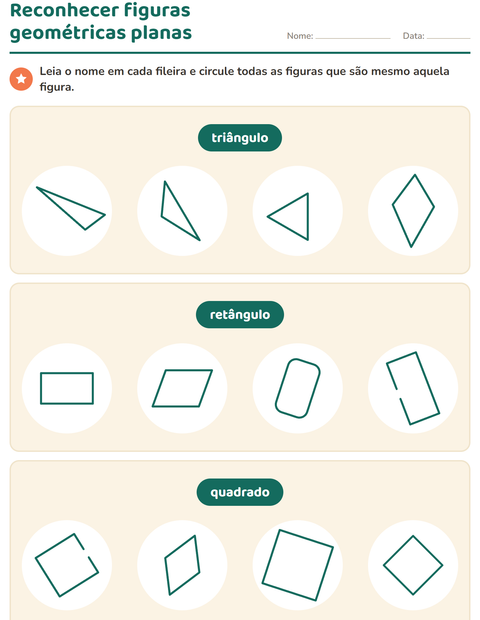 Pré-visualização da ficha de Figuras geométricas planas para 1º ano do ensino fundamental
