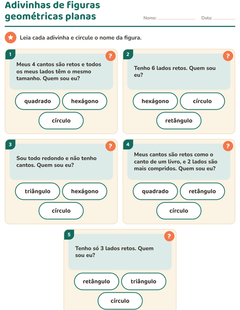 Pré-visualização da ficha de Figuras geométricas planas para 1º ano do ensino fundamental
