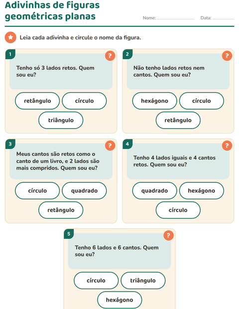 Pré-visualização da ficha de Figuras geométricas planas para 1º ano do ensino fundamental