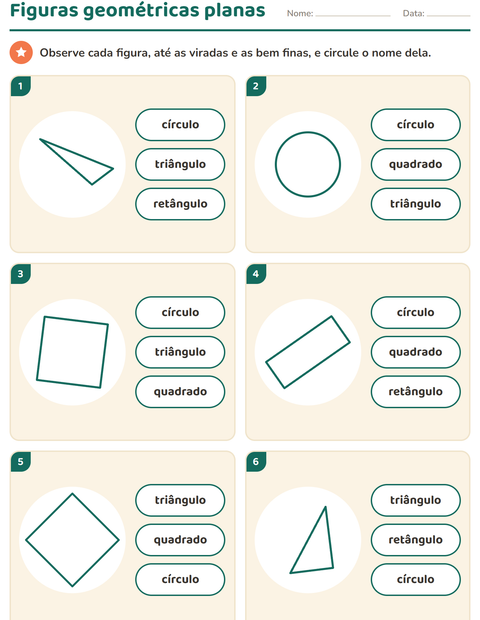 Figuras geométricas planas: circule o nome de cada figura