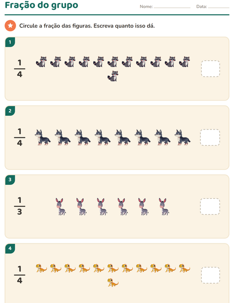 Pré-visualização da ficha de Frações com Animais para 3º ano do ensino fundamental