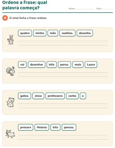 Pré-visualização da ficha de Frases embaralhadas com Animais da fazenda PB para 1º ano do ensino fundamental