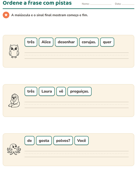 Pré-visualização da ficha de Frases embaralhadas com Animais PB para 1º ano do ensino fundamental