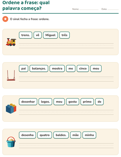 Pré-visualização da ficha de Frases embaralhadas com Brinquedos para 1º ano do ensino fundamental