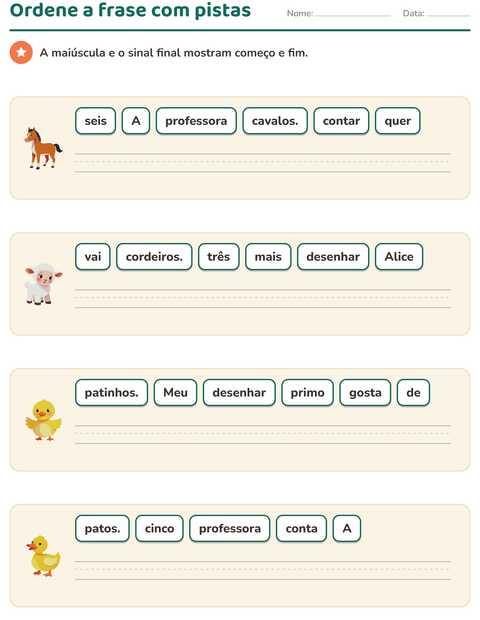 Pré-visualização da ficha de Frases embaralhadas com Animais da fazenda para 1º ano do ensino fundamental
