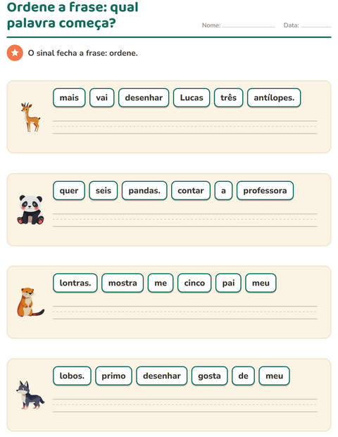 Pré-visualização da ficha de Frases embaralhadas com Animais do zoológico para 1º ano do ensino fundamental