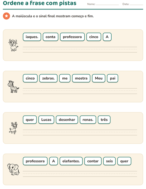 Pré-visualização da ficha de Frases embaralhadas com Animais do zoológico PB para 1º ano do ensino fundamental