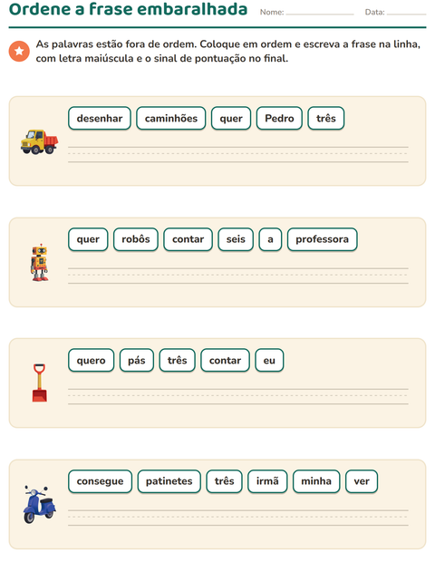 Pré-visualização da ficha de Frases embaralhadas com Brinquedos para 1º ano do ensino fundamental
