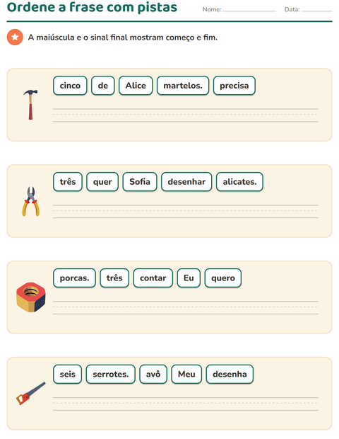 Pré-visualização da ficha de Frases embaralhadas com Ferramentas para 1º ano do ensino fundamental