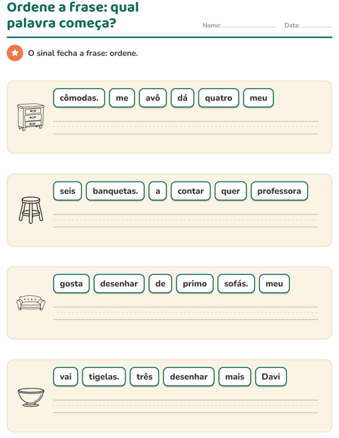 Pré-visualização da ficha de Frases embaralhadas com Móveis PB para 1º ano do ensino fundamental
