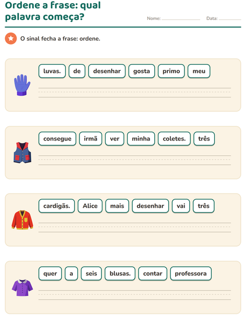 Pré-visualização da ficha de Frases embaralhadas com Roupas para 1º ano do ensino fundamental